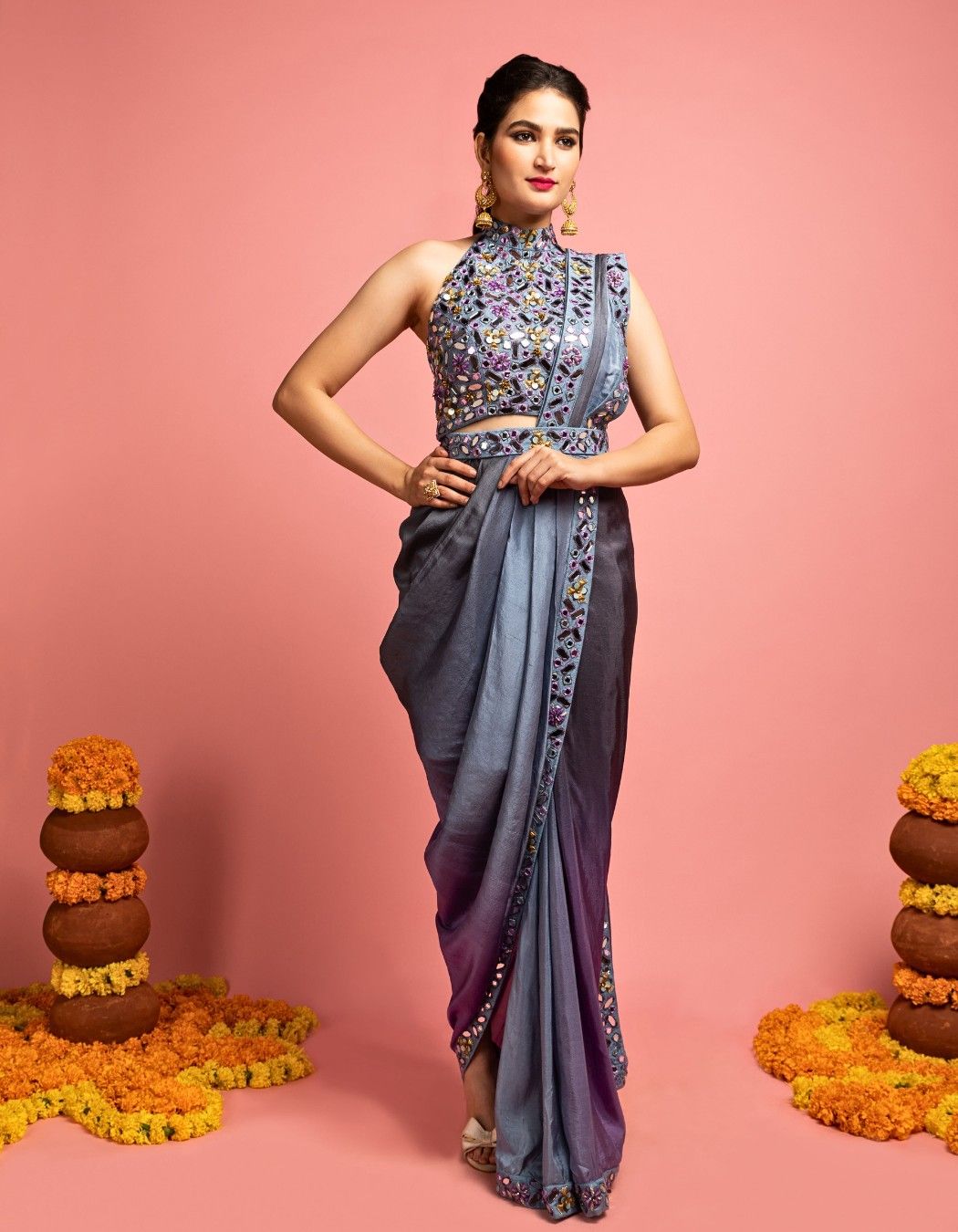 Shaded Grey-Blue Pre Draped Saree