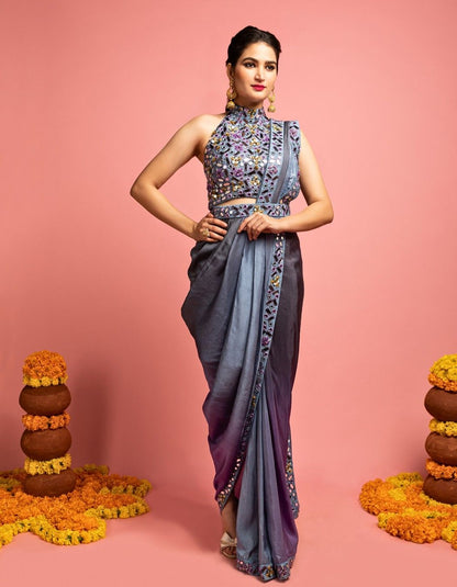 Shaded Grey-Blue Pre Draped Saree