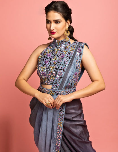 Shaded Grey-Blue Pre Draped Saree