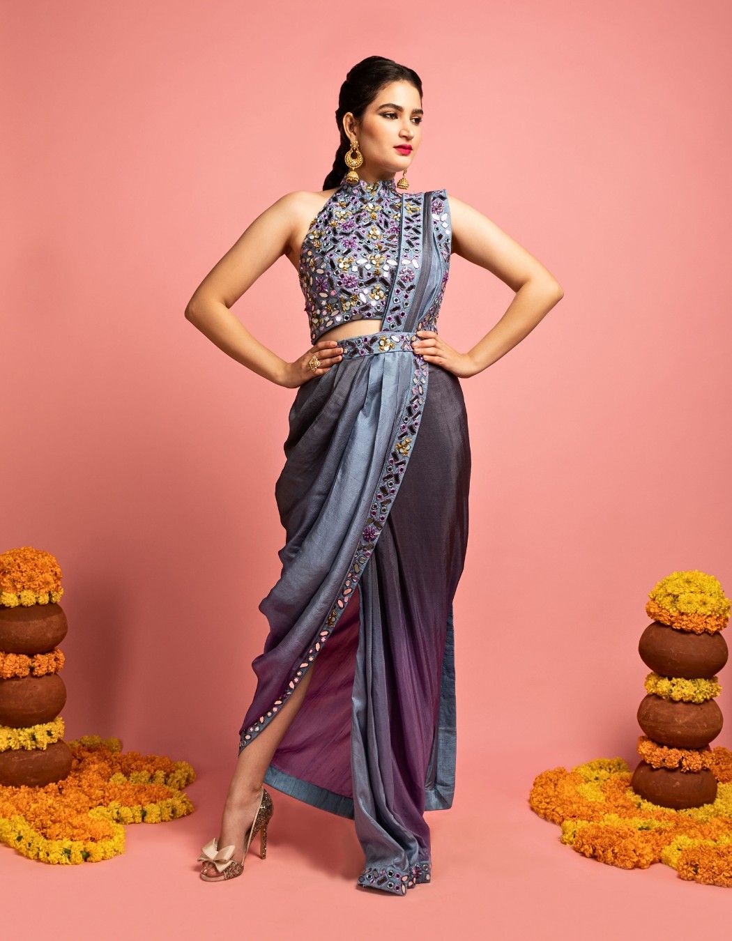 Shaded Grey-Blue Pre Draped Saree