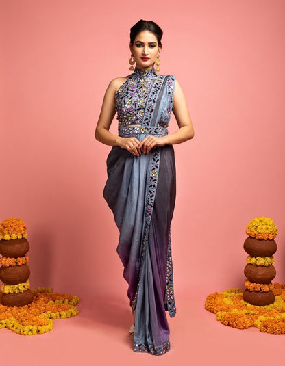Shaded Grey-Blue Pre Draped Saree