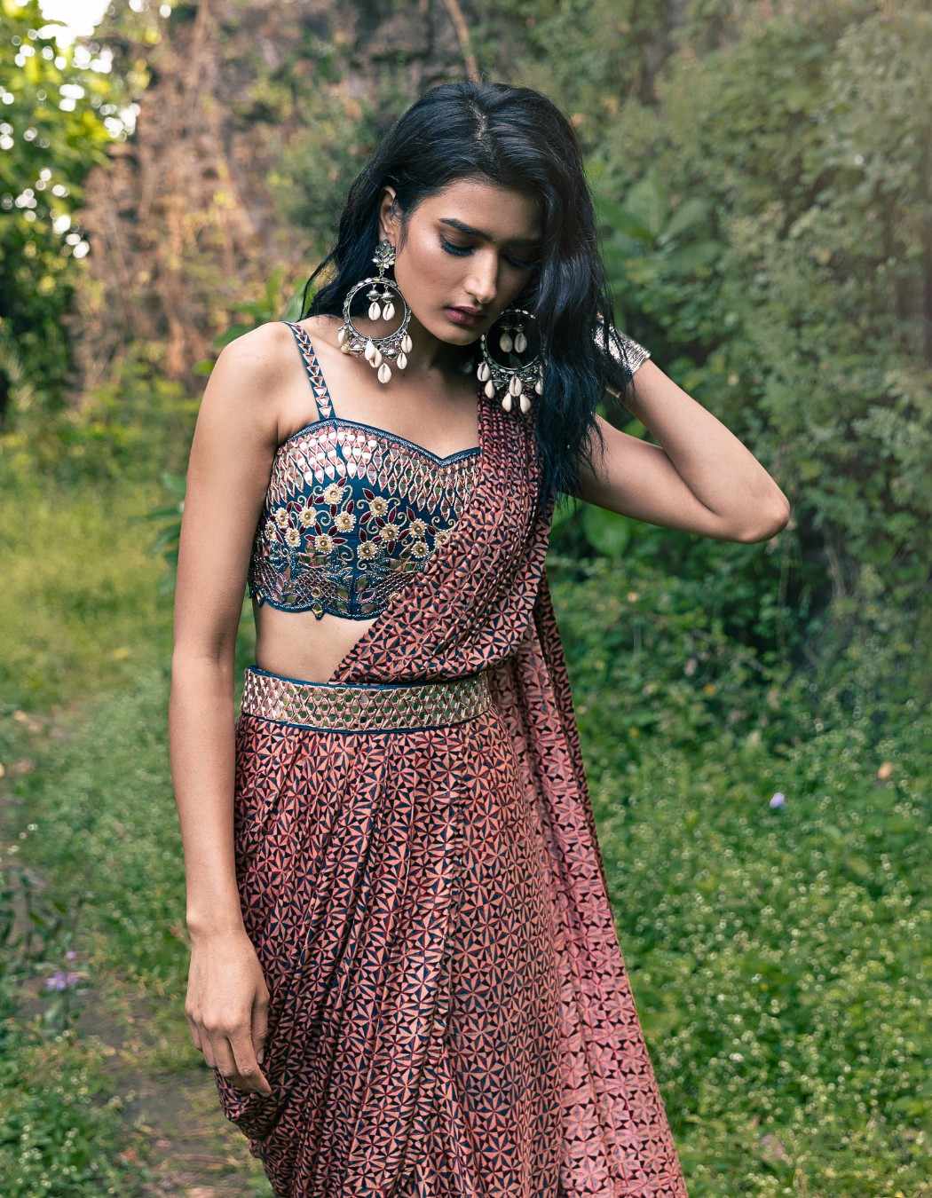 Teal Blue & Peach Pink Pre-Draped Saree