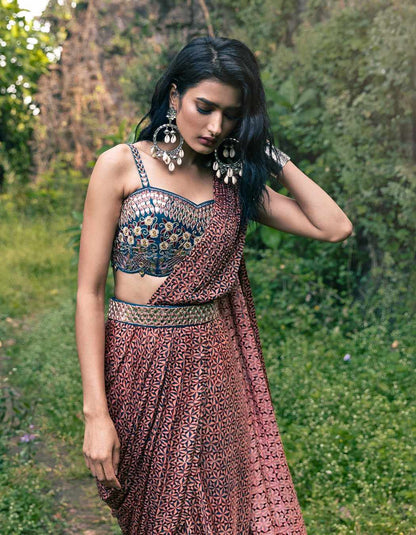 Teal Blue & Peach Pink Pre-Draped Saree