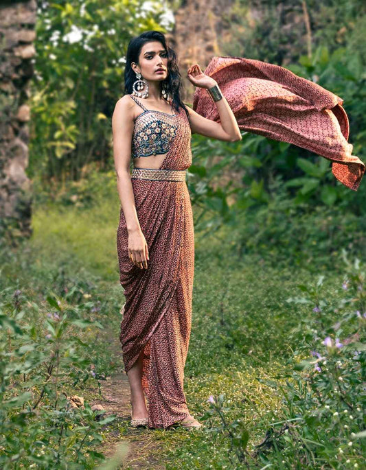 Teal Blue & Peach Pink Pre-Draped Saree