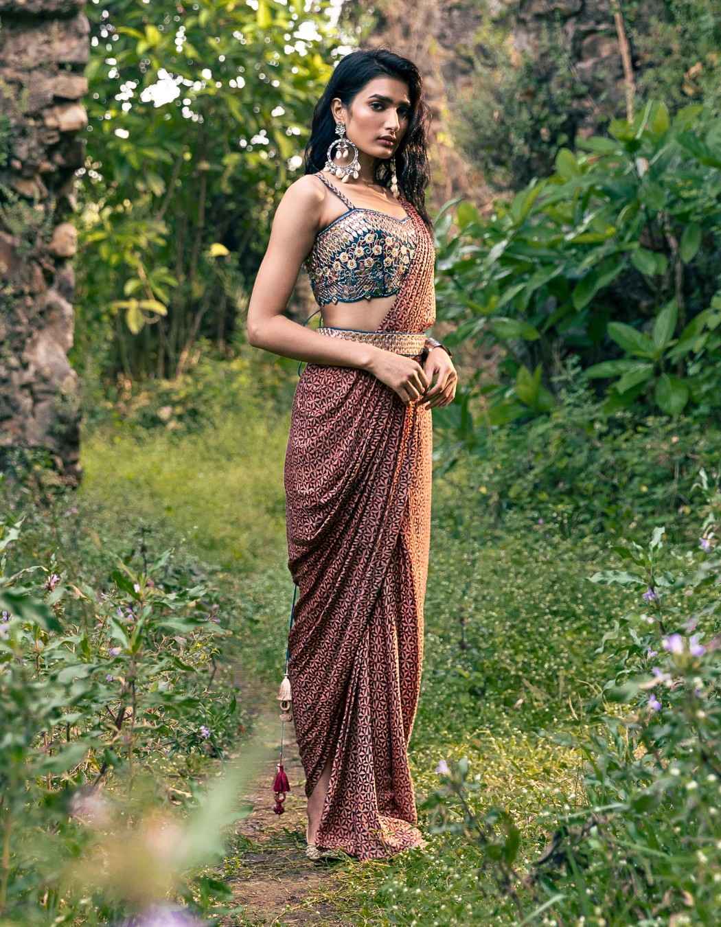 Teal Blue & Peach Pink Pre-Draped Saree