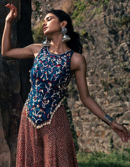 Teal Blue & Peach Pink Sharara Set