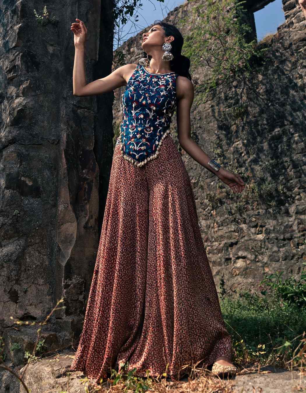 Teal Blue & Peach Pink Sharara Set