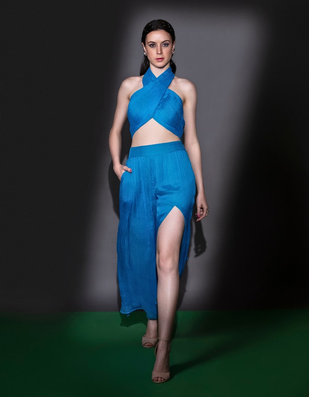 Turquoise Blue Cross Body Crop Top & Slit Pants