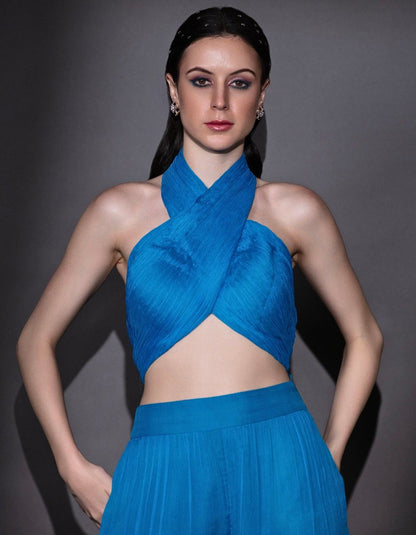 Turquoise Blue Cross Body Crop Top & Slit Pants
