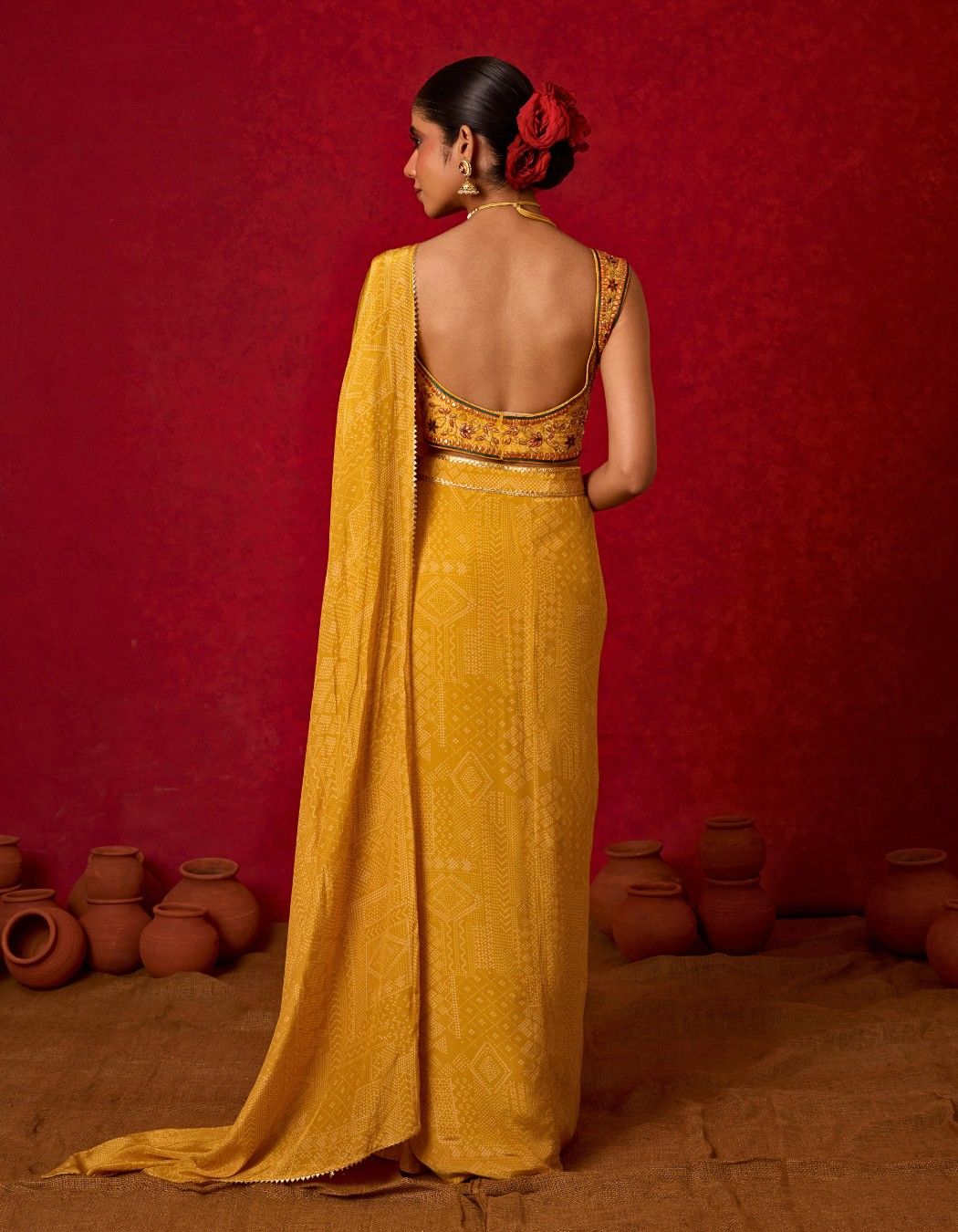 Yellow Bandhani Printed Pre-draped Saree Set