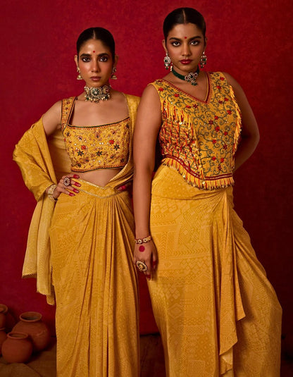 Yellow Bandhani Printed Pre-draped Saree Set