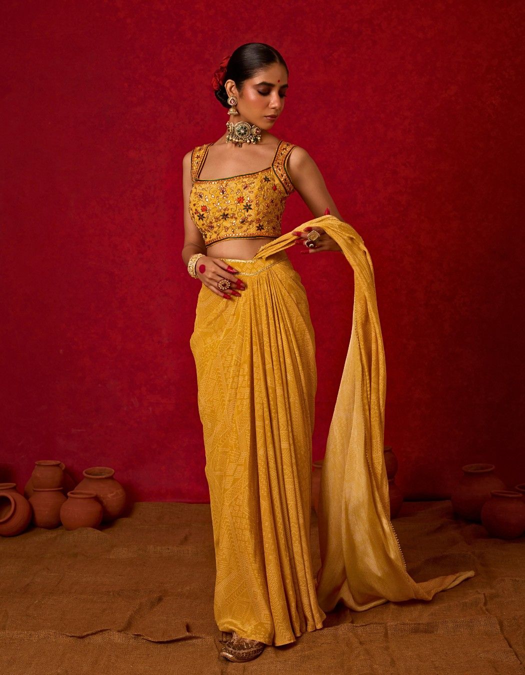 Yellow Bandhani Printed Pre-draped Saree Set