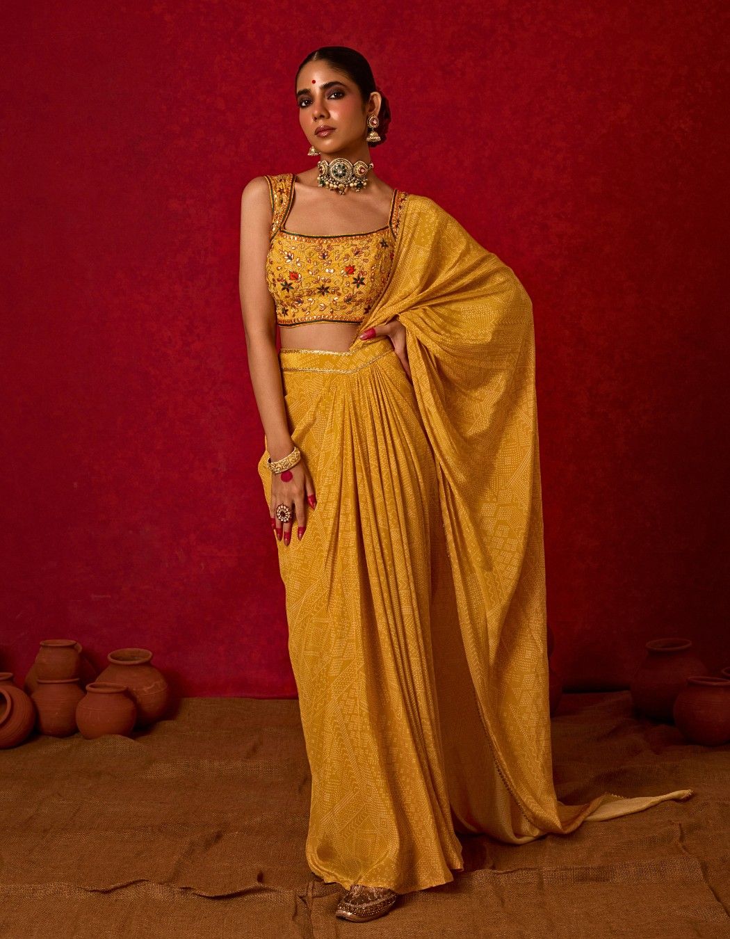 Yellow Bandhani Printed Pre-draped Saree Set