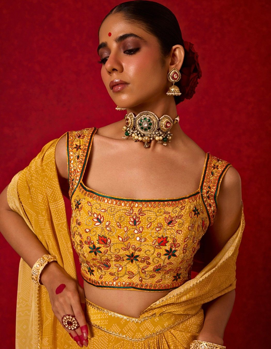 Yellow Bandhani Printed Pre-draped Saree Set
