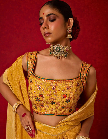 Yellow Bandhani Printed Pre-draped Saree Set
