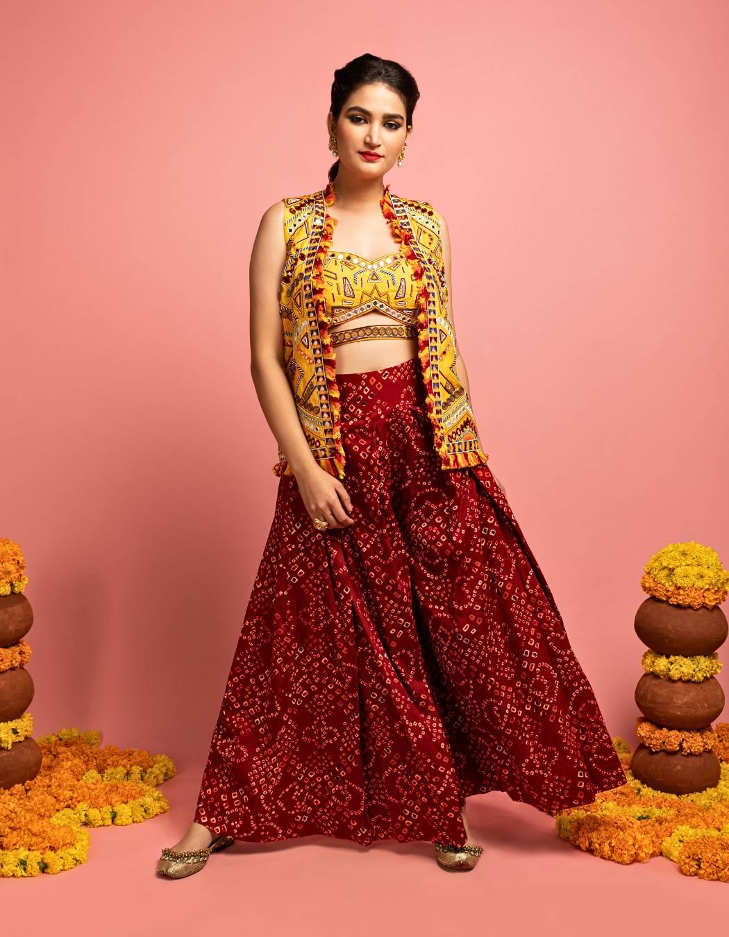 Yellow Jacket & Maroon Bandhani Sharara