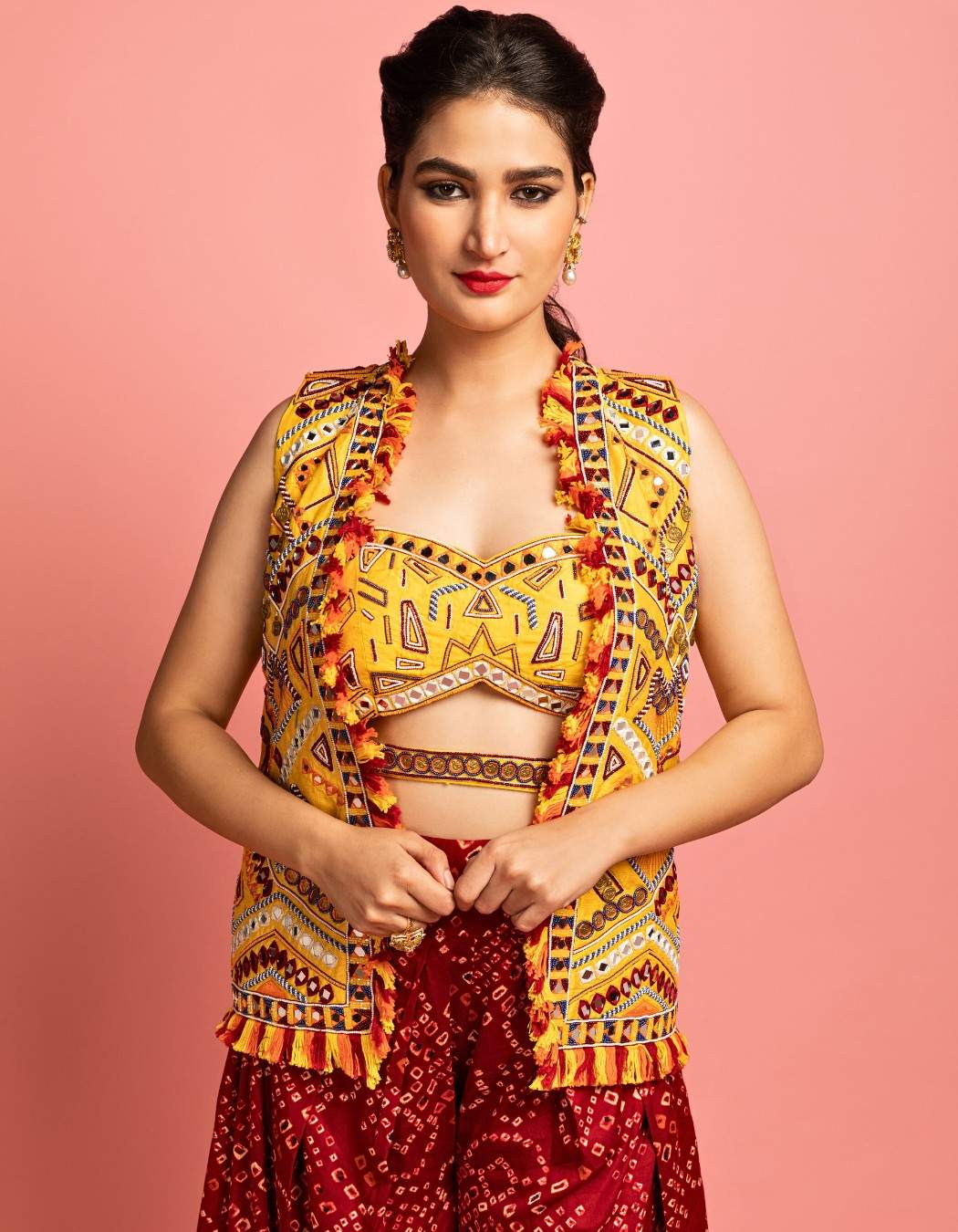 Yellow Jacket & Maroon Bandhani Sharara