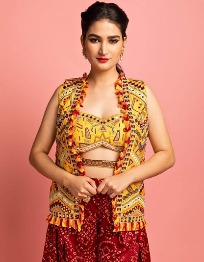 Yellow Jacket & Maroon Bandhani Sharara