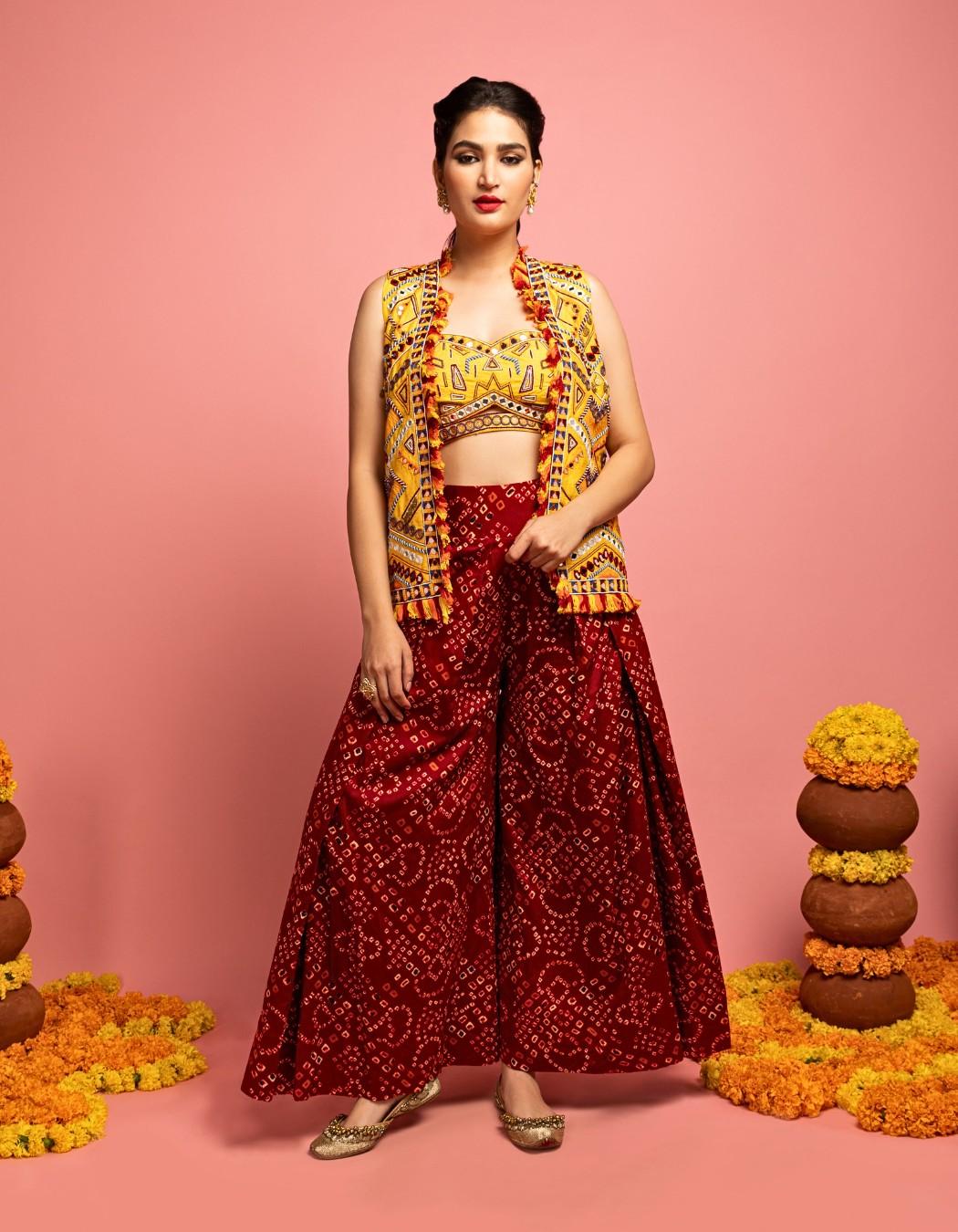 Yellow Jacket & Maroon Bandhani Sharara