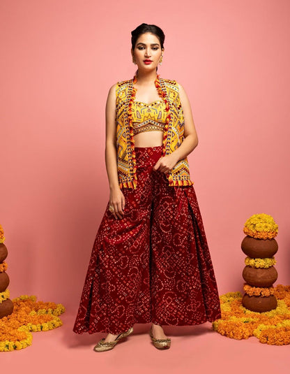 Yellow Jacket & Maroon Bandhani Sharara
