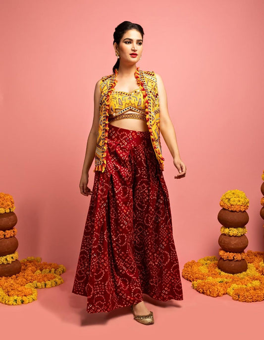 Yellow Jacket & Maroon Bandhani Sharara
