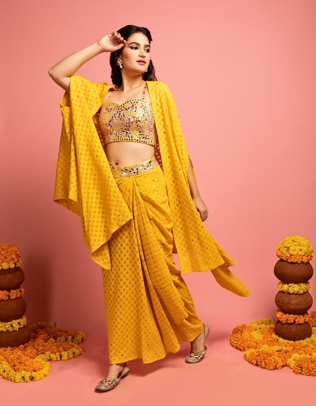 Yellow Lucknowi Drape Skirt Set