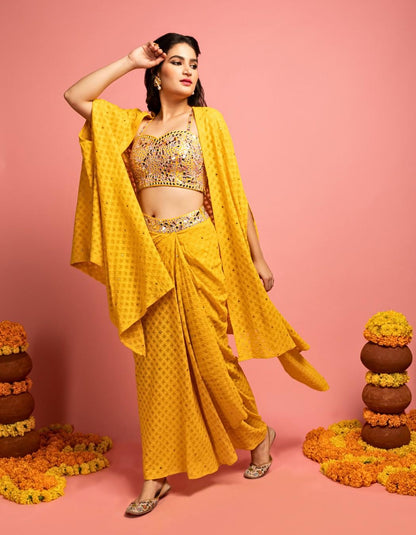 Yellow Lucknowi Drape Skirt Set