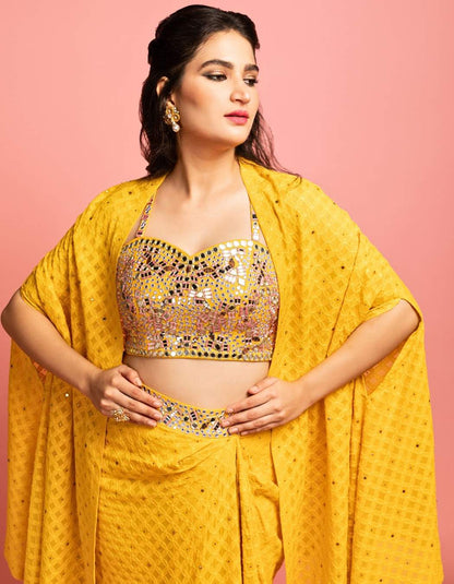 Yellow Lucknowi Drape Skirt Set