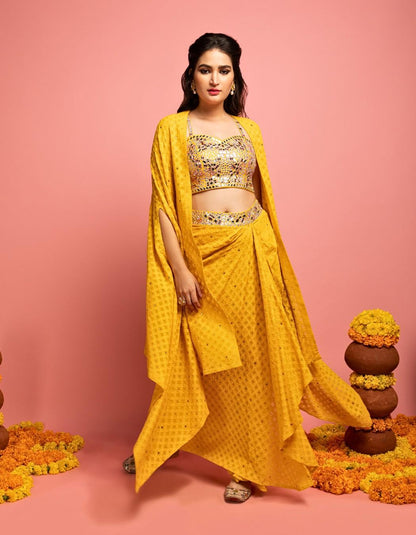 Yellow Lucknowi Drape Skirt Set