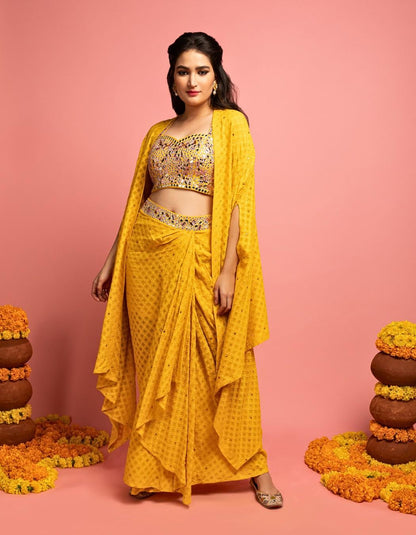 Yellow Lucknowi Drape Skirt Set